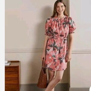 Boden Smocked Linen Shirt Dress Pink Oriental Cascade Botanical Print size 6